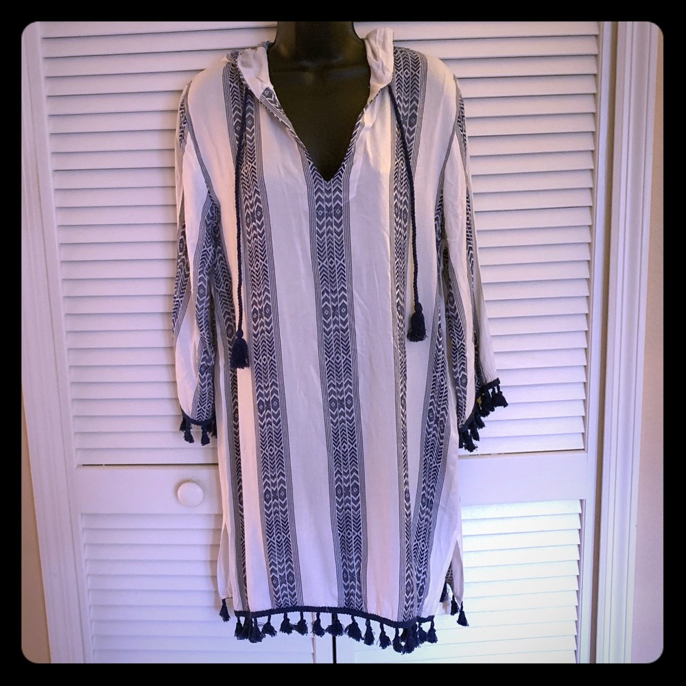 Blue and White Cover Up with Hood